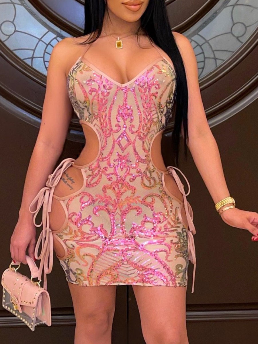 

LW SXY Sequined Bandage Hollow-out Design Prom Dress, Pink