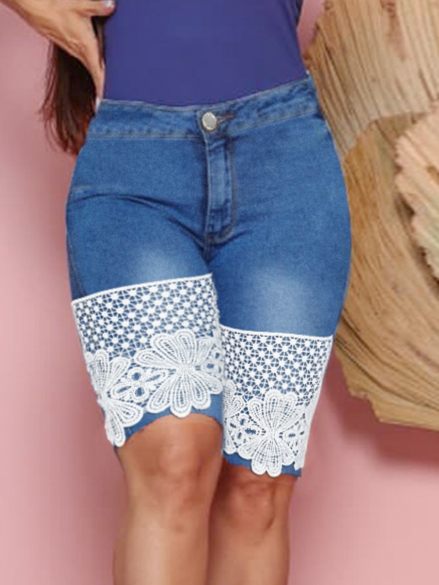

LW Mid Waist Lace Denim Shorts, Deep blue