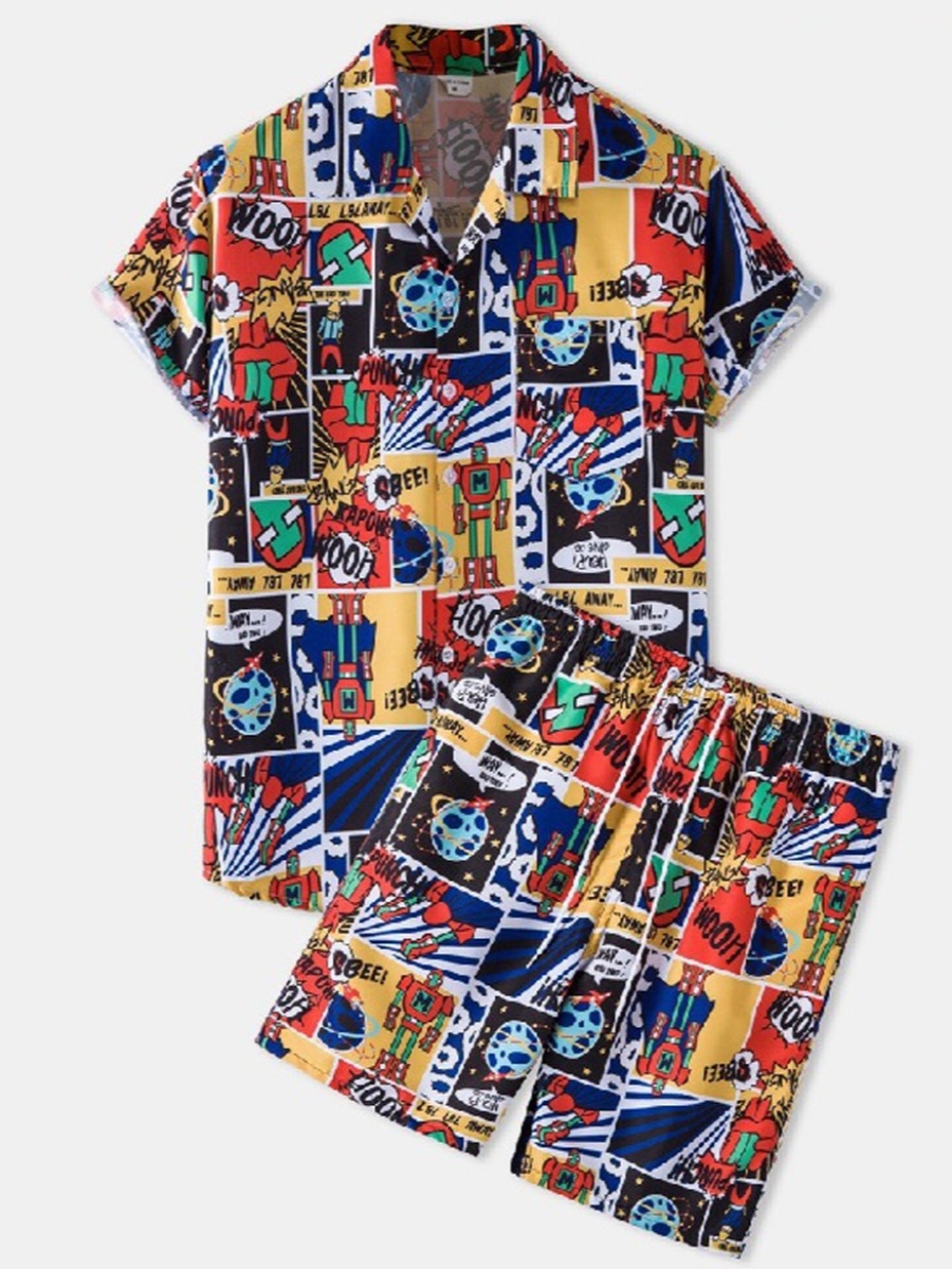 

LW Men Cartoon Letter Print Shorts Set, Orange