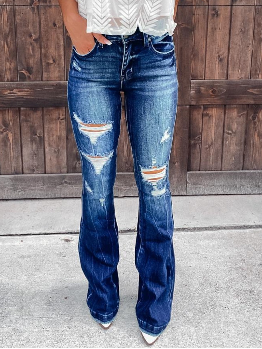 

LW Vintage High Stretchy Distressed Zip Fly Raw Hem Flare Leg Jeans, Deep blue