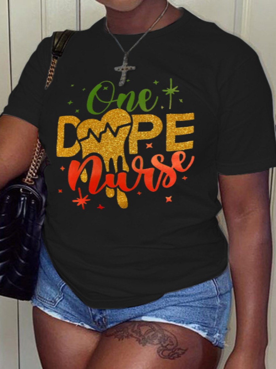 

LW Plus Size Star Letter Print T-shirt, Black