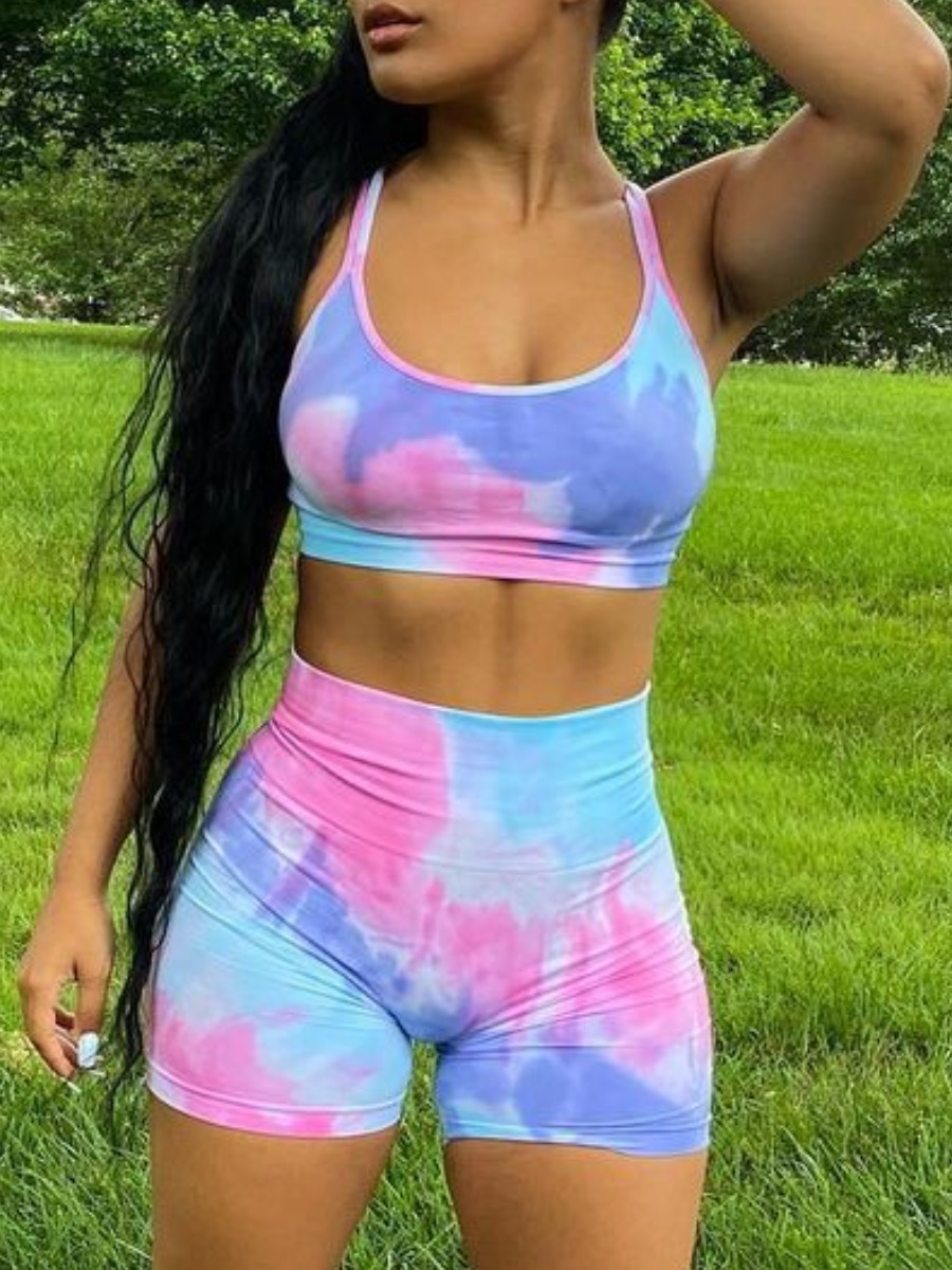 

LW Tie-dye Cross Strap Shorts Set, Blue