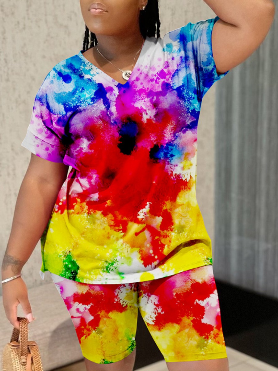 

LW V Neck Splash-ink Design Shorts Set, Multi