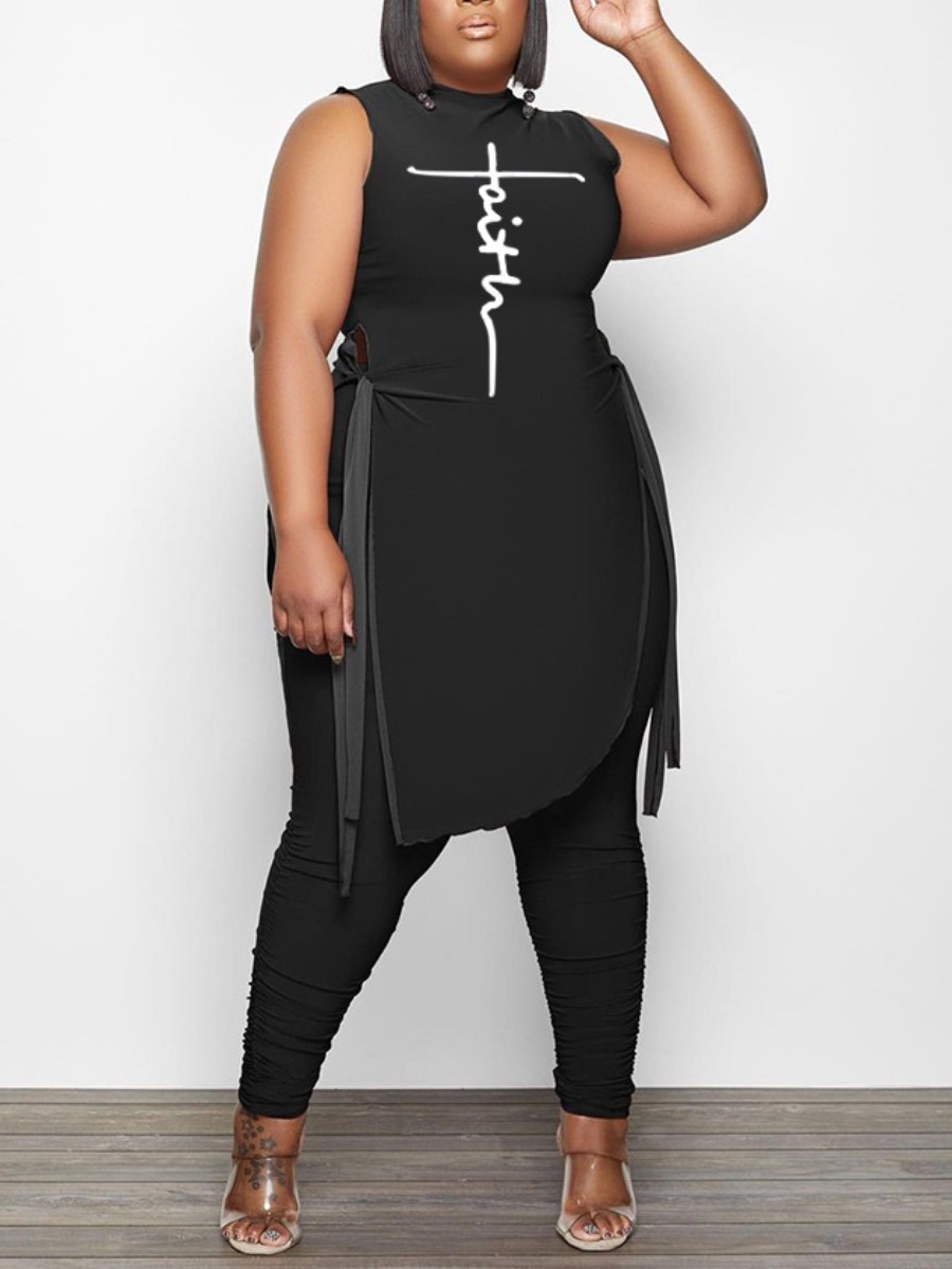 

LW Plus Size Letter Print Split Pants Set, Black