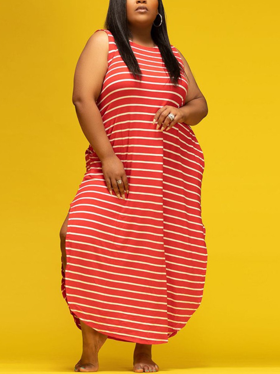 

LW Plus Size Striped Side Slit Dress, Red