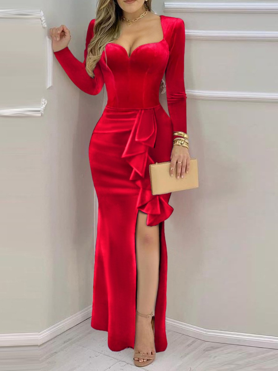 

LW SXY Velvet Flounce Design Slit Prom Dress, Red