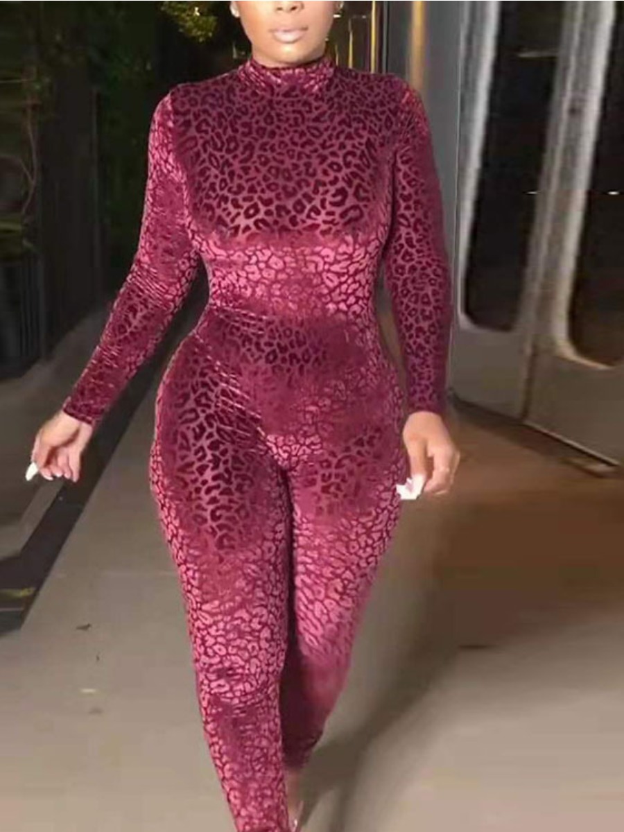 LW Plus Size Mock Neck Basic Animal Print Skinny Jumpsuit