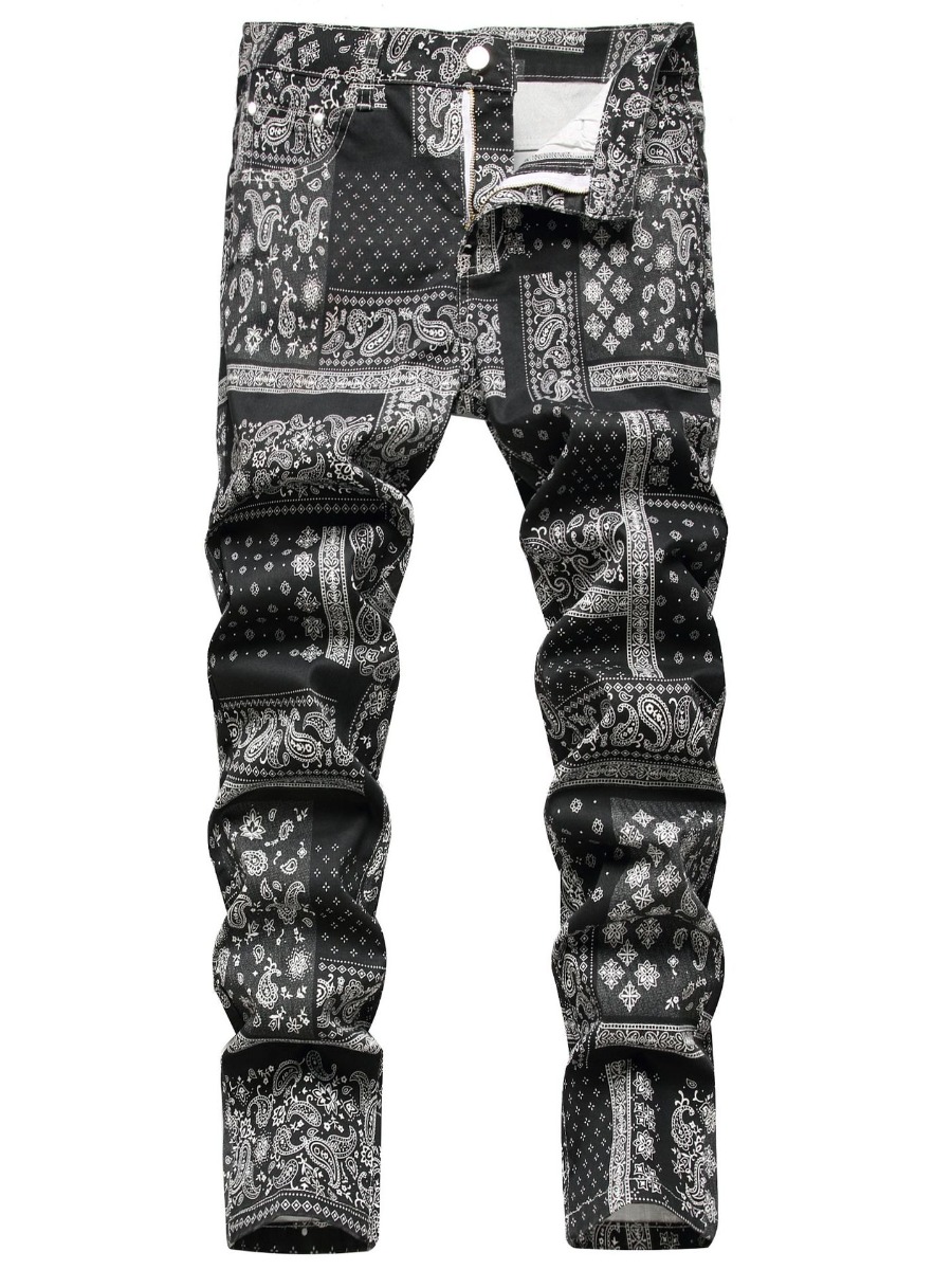 

LW COTTON Men Mid Waist Stretchy Camo Print Jeans, Black