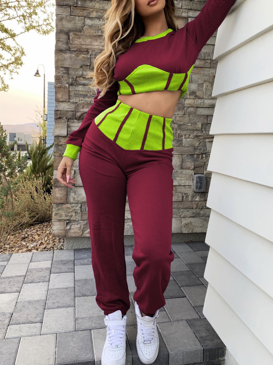 

LW Round Neck Patchwork Tracksuit Set, Wine red