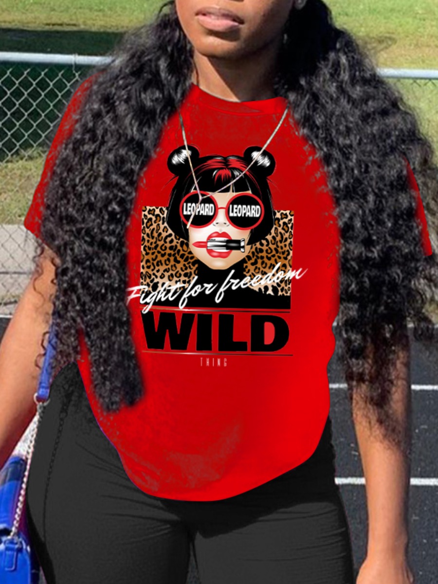 

LW Cartoon Letter Print T-shirt, Red