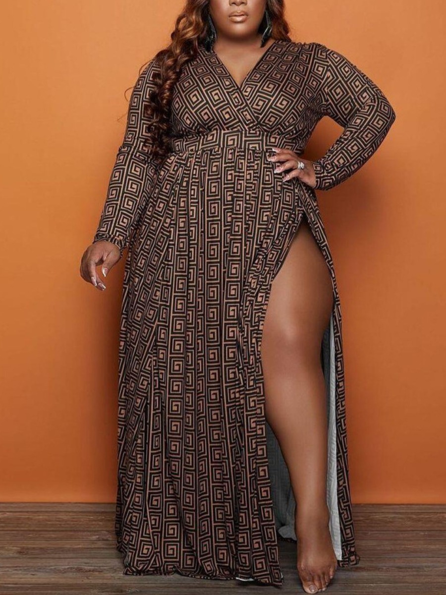 

LW SXY Plus Size Geo Print Thigh Slit A Line Dress, Brown