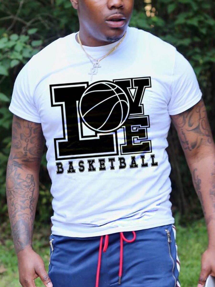 

LW Men Basketball Letter Print T-shirt, White