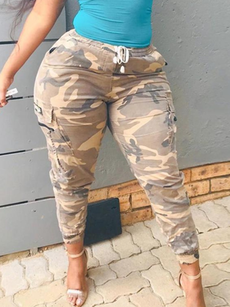 

LW Plus Size Camo Print Side Pocket Pants, Army green camouflag