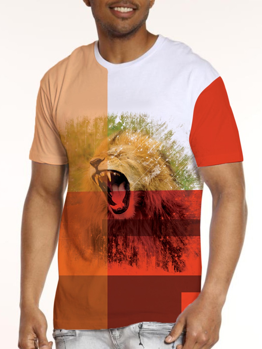 

LW BASICS Men Lion Print Patchwork T-shirt, Jacinth