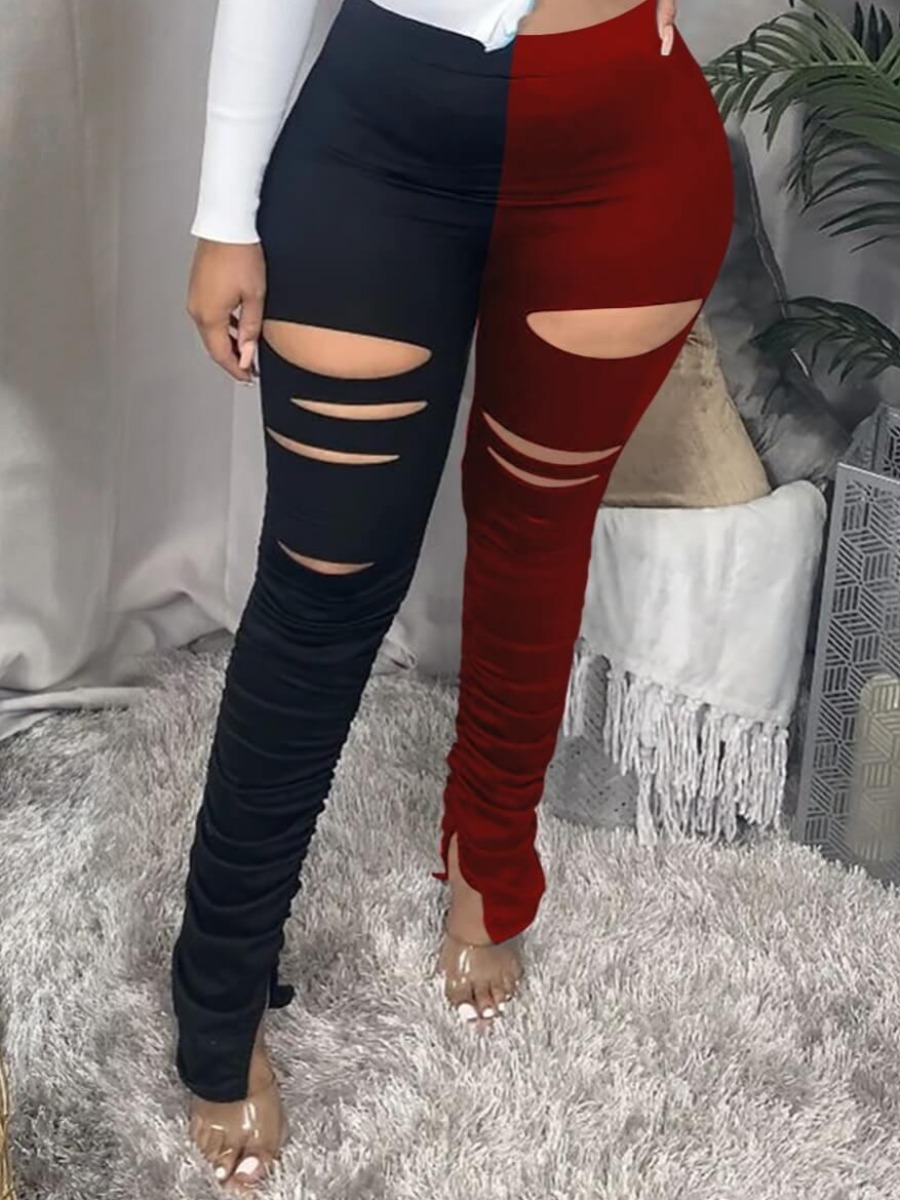 

LW Plus Size Ripped Ruched Pants, Black
