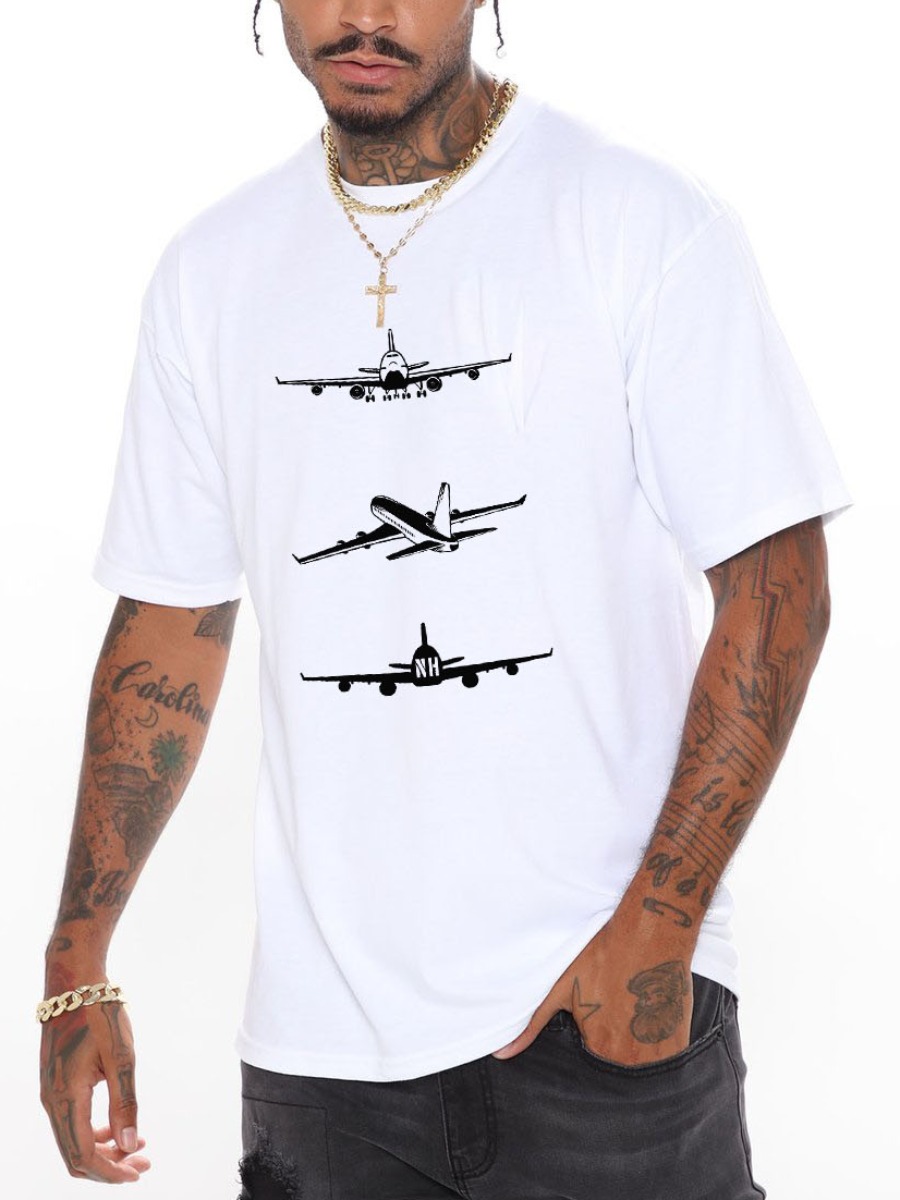

LW COTTON Men Round Neck Aeroplane Print T-shirt, White