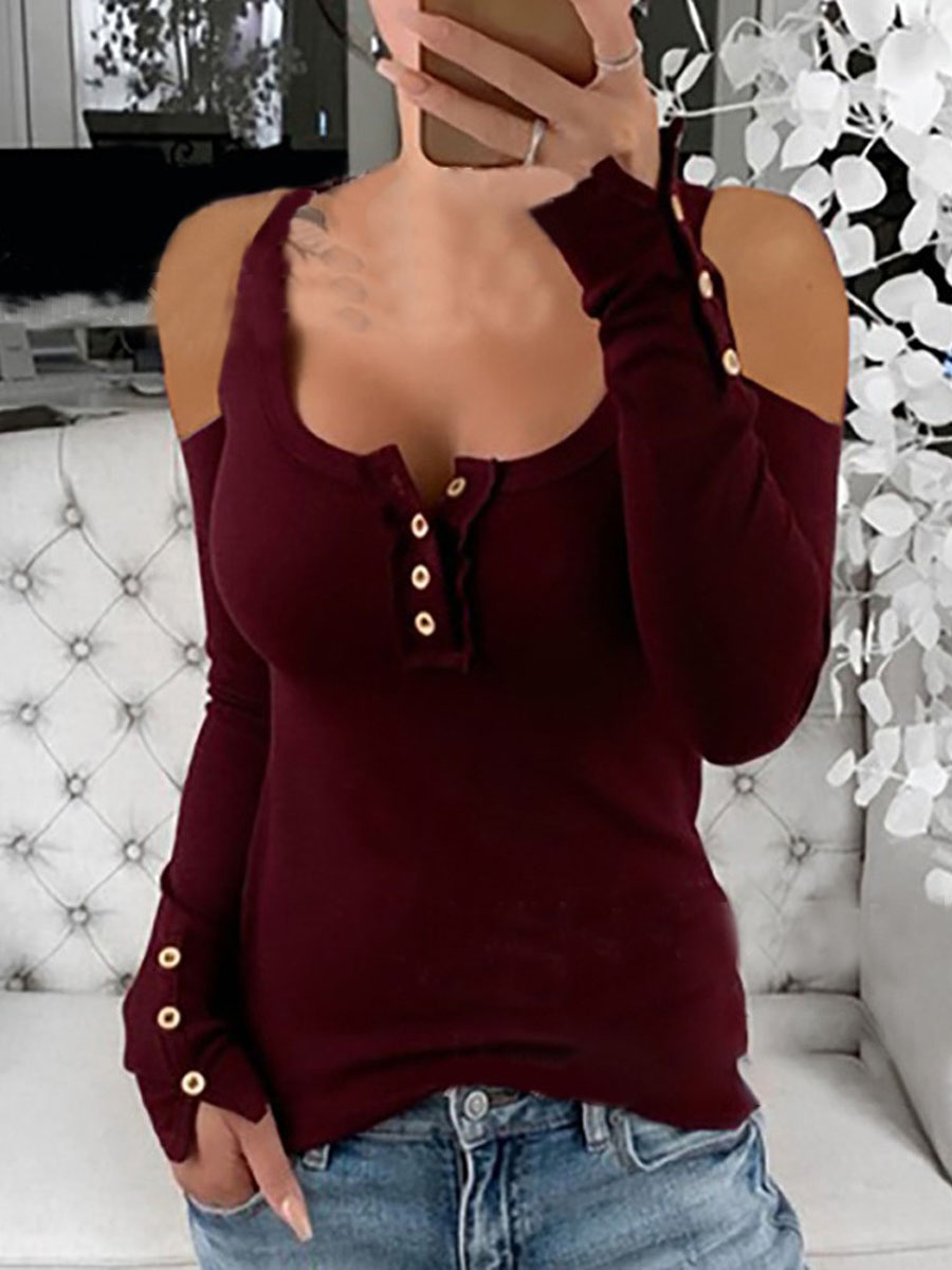 

LW U Neck Button Design T-shirt, Wine red