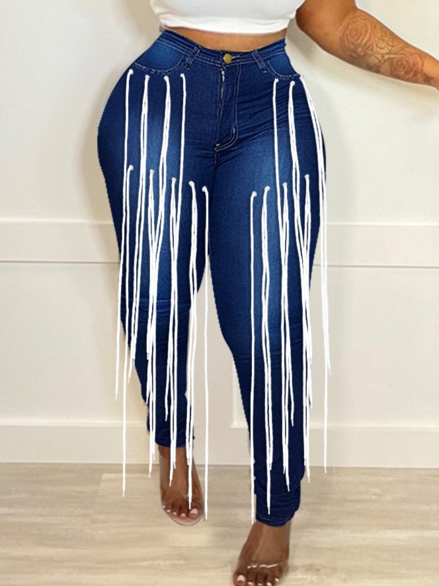 

LW Mid Waist High Stretchy Tassel Design Jeans, Deep blue