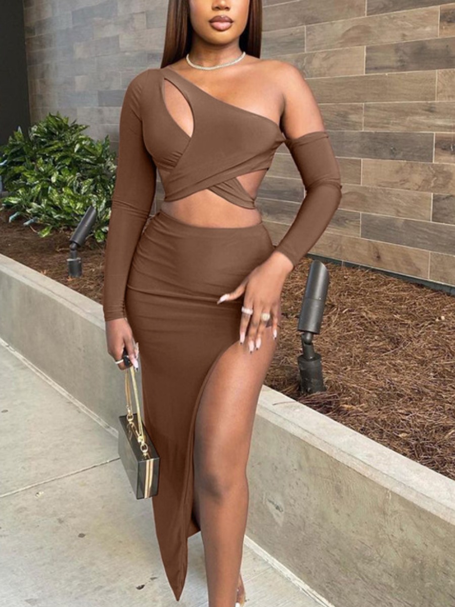 

LW One Shoulder Thigh Slit Skirt Set, Coffee
