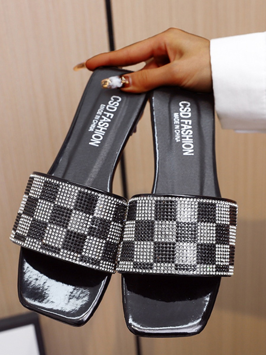 

LW Rhinestone Plaid Letter Print Slippers, Black
