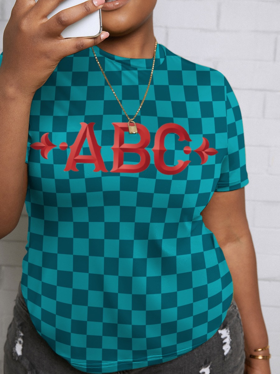 

LW Plus Size Letter Plaid Print T-shirt, Peacock blue