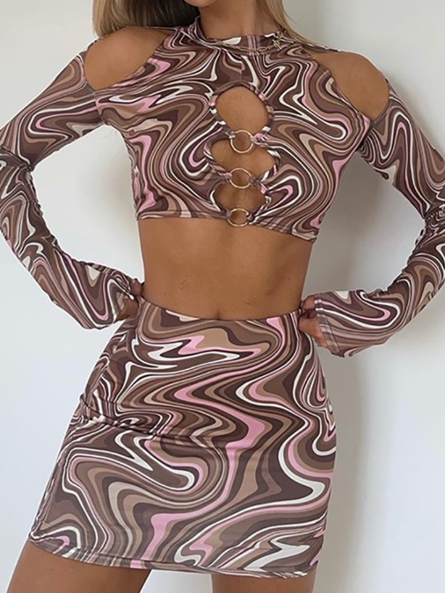 

LW SXY Cut Out Metal Ring Decor Skirt Set, Brown