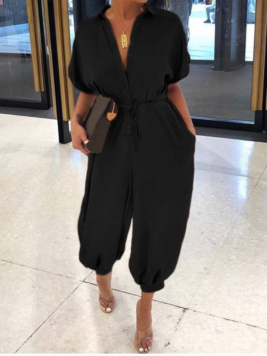 

LW BASICS Plus Size Button Design Loose Jumpsuit, Black