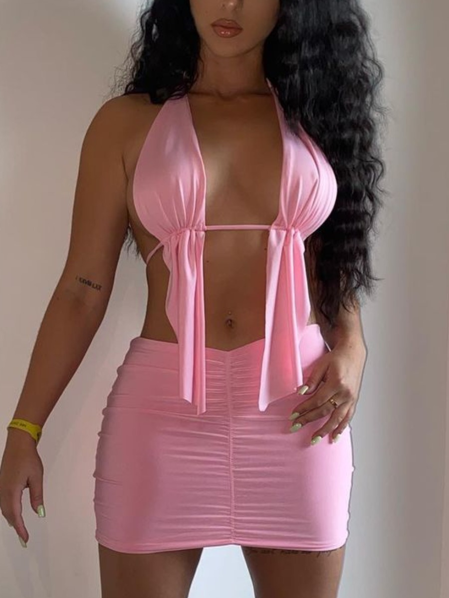 

LW SXY Ruched Backless Skirt Set, Pink