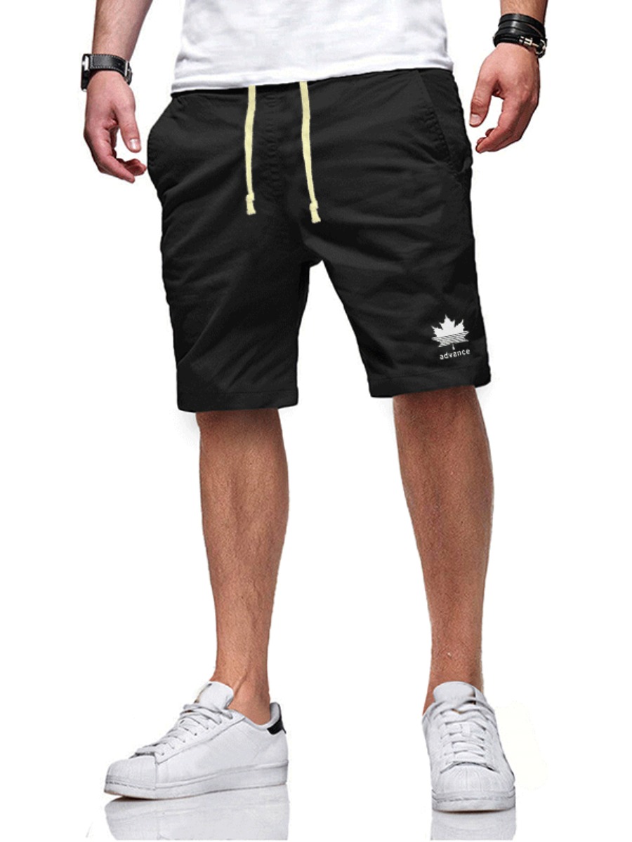 

LW COTTON Men Letter Print Drawstring Shorts, Black