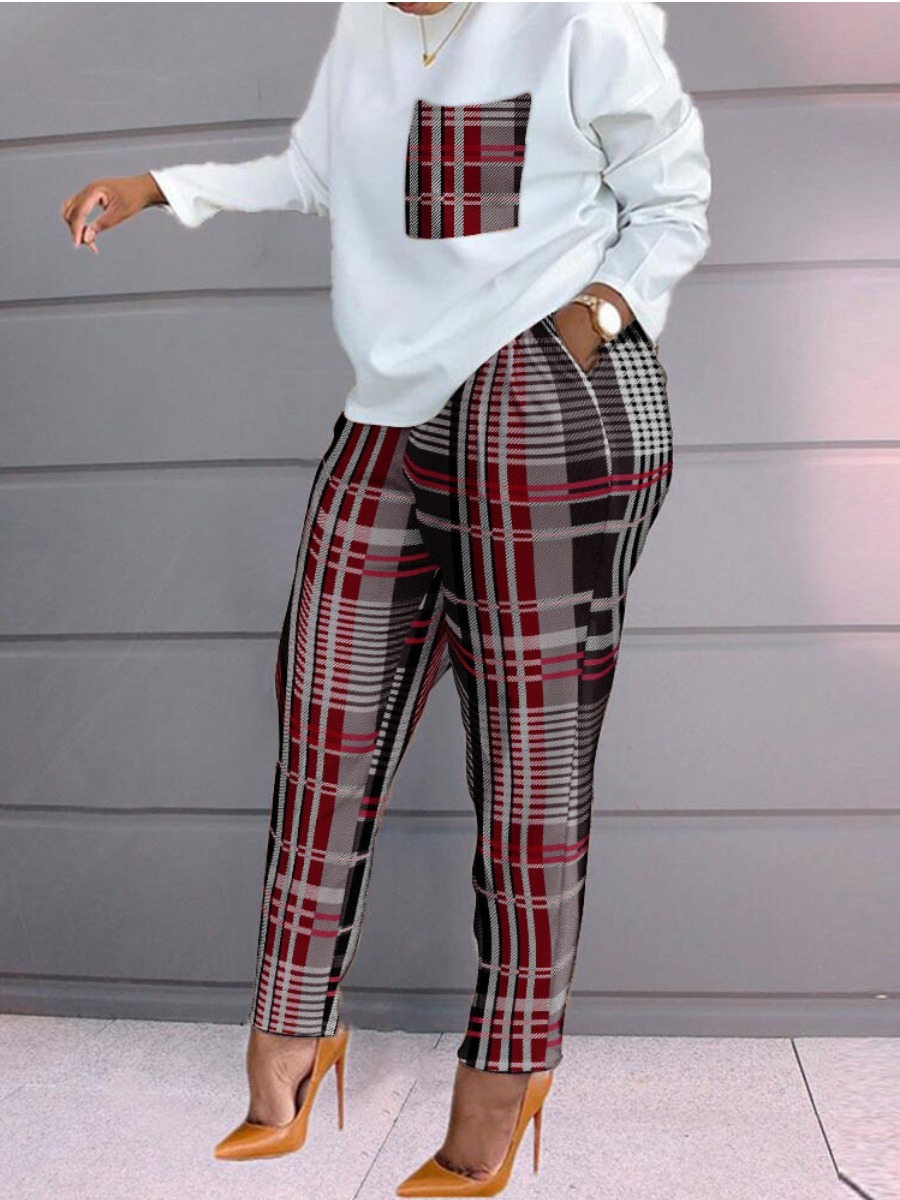 

LW Dropped Shoulder Plaid Print Pants Set, Wine red