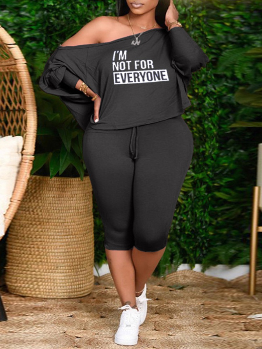 

LW Plus Size Letter Print Drawstring Pants Set, Carbon black