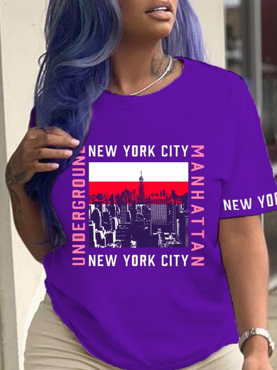 

LW Plus Size City Letter Print T-shirt, Purple