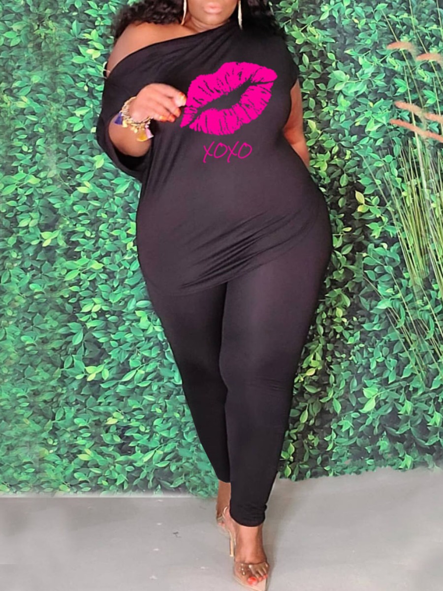 

LW Plus Size Lip Letter Print Pants Set, Black