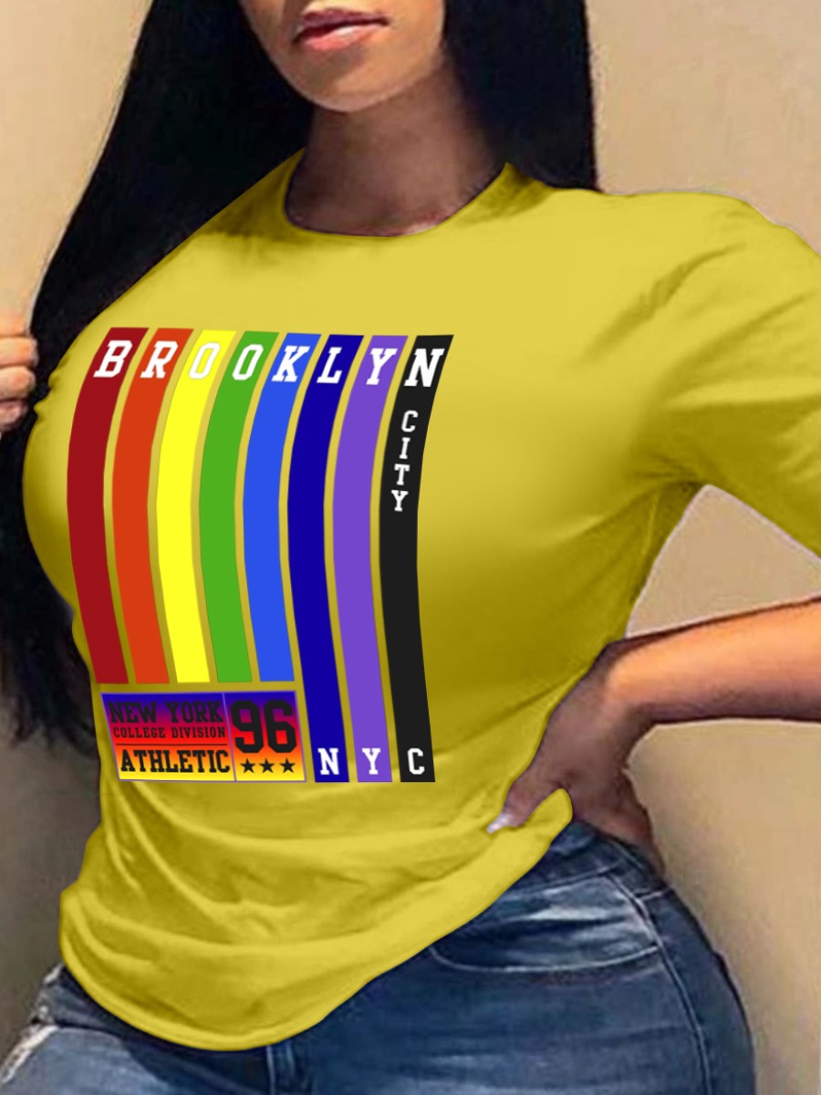 

LW Plus Size Letter Print Striped T-shirt, Yellow