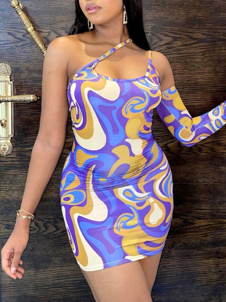 

LW One Shoulder Mixed Print Bodycon Dress, Purple