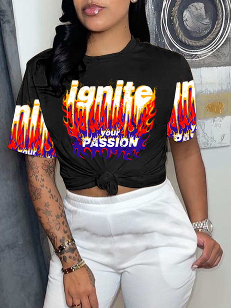 

LW Flame Letter Print T-shirt, Black