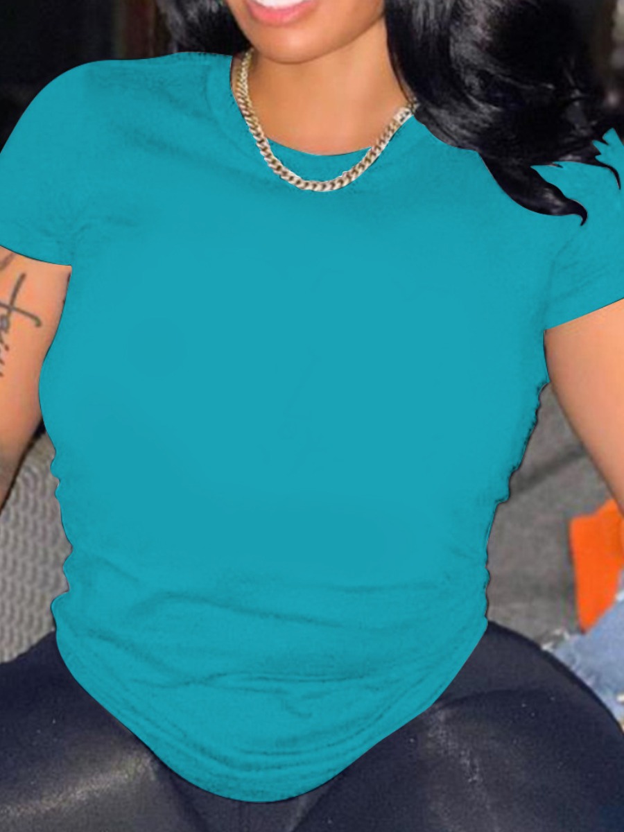 

LW Round Neck Solid Color Basic T-shirt, Acid blue
