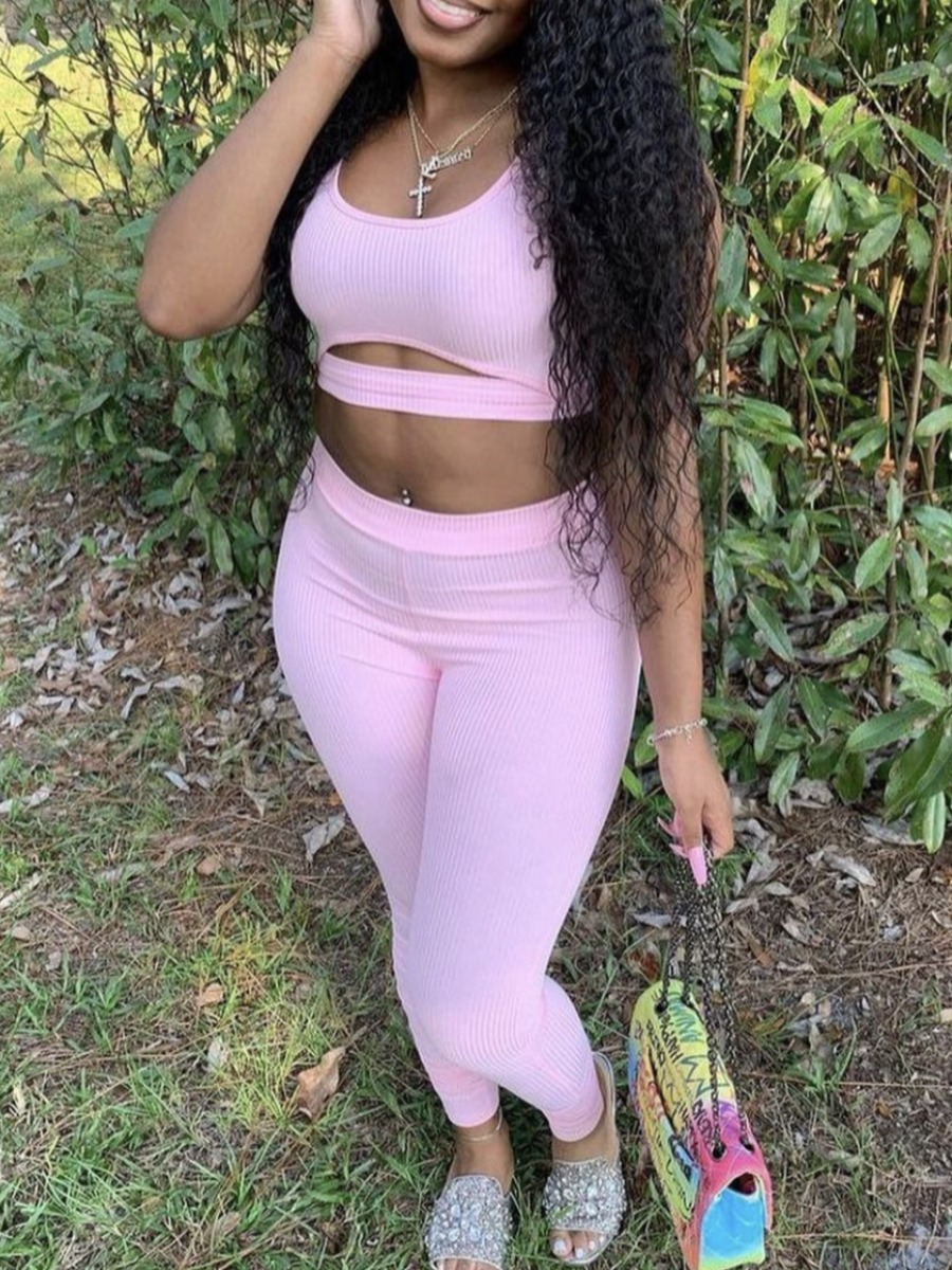 

LW BASICS Rib-Knit Cut Out Pants Set, Pink