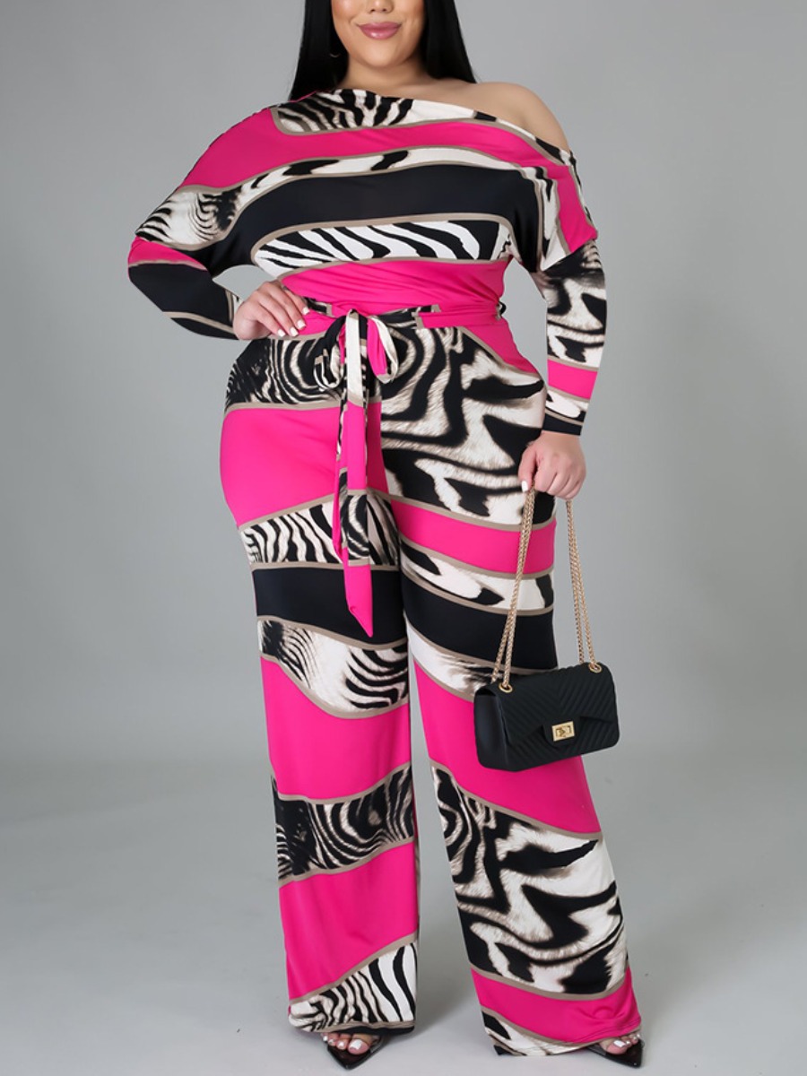 

LW Plus Size Boat Neck Zebra Striped Jumpsuit, Red