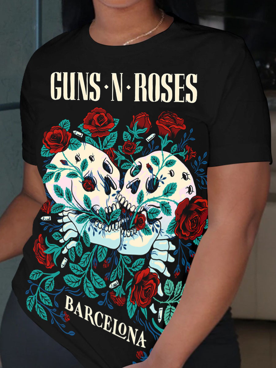 

LW Plus Size Rose Flower Skull Head Print T-shirt, Black