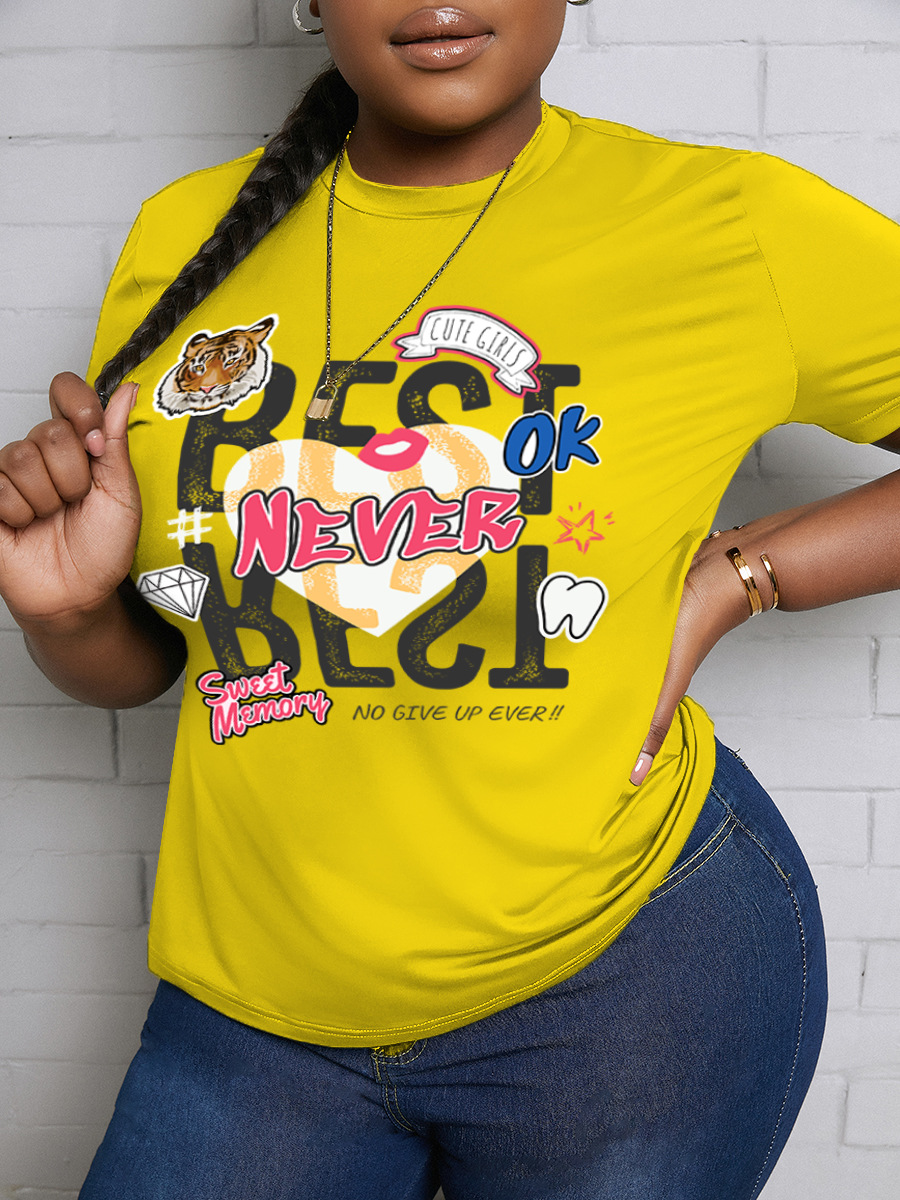 

LW Plus Size Lip Letter Print T-shirt, Olive yellow