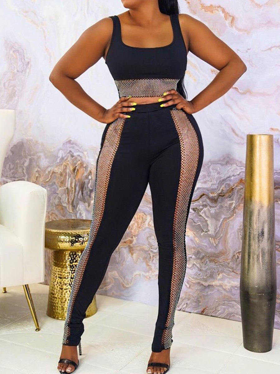 

LW SXY Rhinestone Mesh Patchwork Pants Set, Black