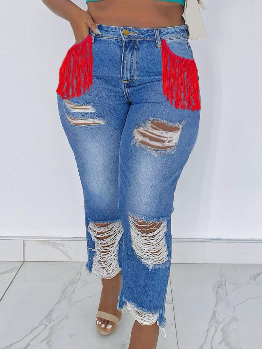 

LW Ripped Tassel Design Jeans (No Stretch), Baby blue