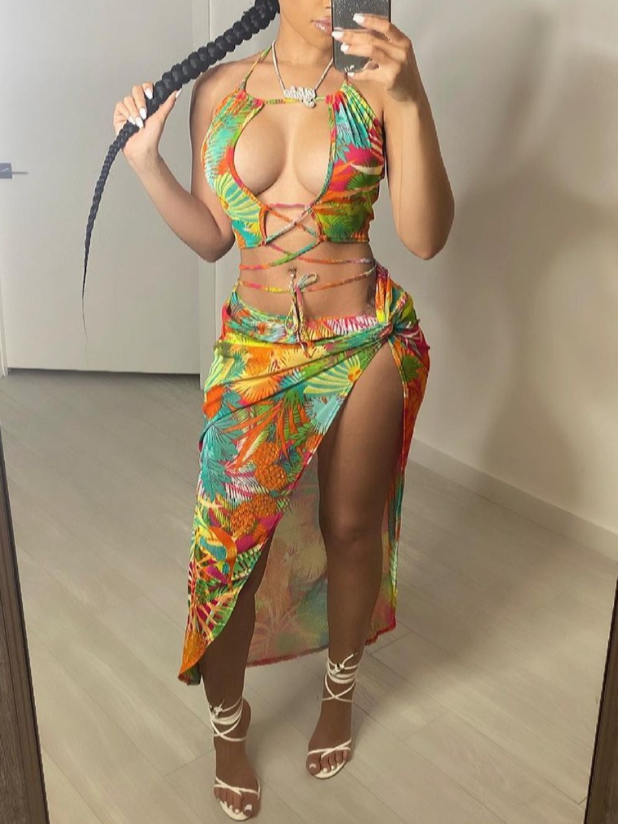 

LW Polyester High Split Print Regular Yes(Stretch) Two-piece Skirt Set, Multi
