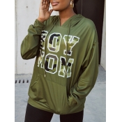 LW Camo Letter Print Kangaroo Pocket Drawstring Ho