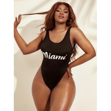 

LW U Neck Letter Print One-piece Swimsuit, Black