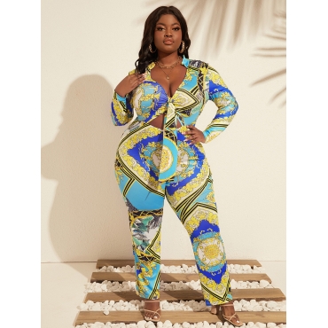 

LW SXY Plus Size V Neck Mixed Print Jumpsuit, Cyan