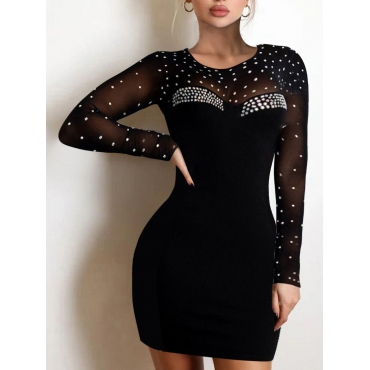 

LW SXY Plus Size See-through Pearl Decor Bodycon Dress, Black