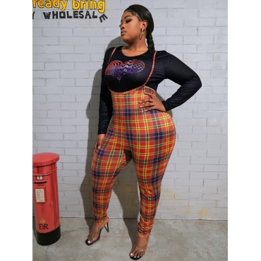 

LW Plus Size Plaid Print Overall Pants Set, Red and black check