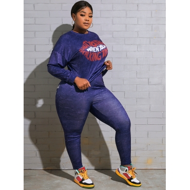 

LW Plus Size Dropped Shoulder Letter Print Tracksuit Set, Deep blue